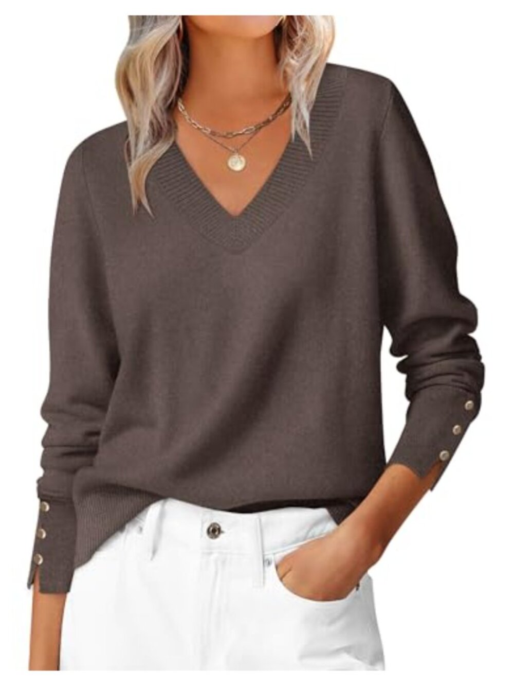 Women's Lightweight Knit V-Neck Pullover Sweater Long Sleeve Ribbed Cuffs